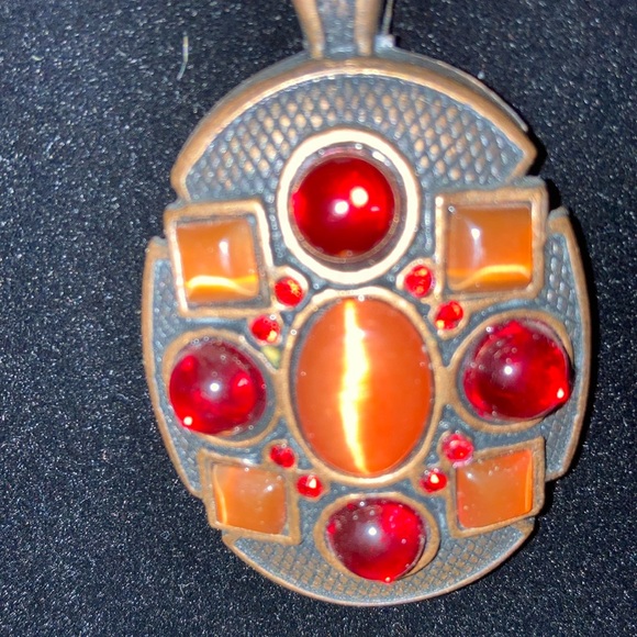 Necklace, copper base with 4 red glass stones, and 5 orange cat eyes $29 - Picture 2 of 13